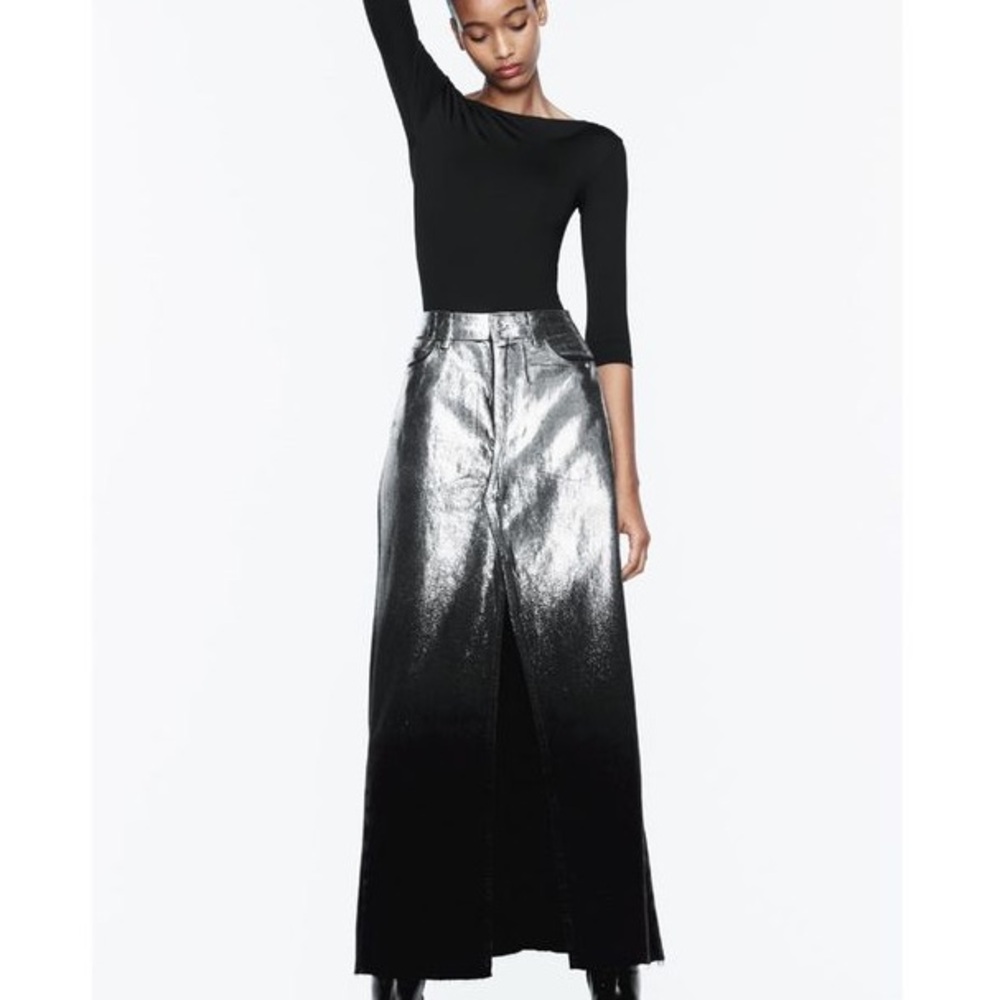 Zara Black and Silver Maxi Skirt LONG FOIL DENIM
